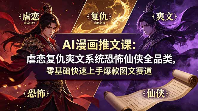 AI漫画推文课:虐恋复仇爽文系统恐怖仙侠全品类,零基础快速上手爆款图文赛道