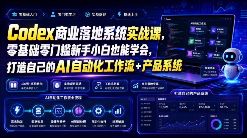 Codex商业落地系统实战课，零基础零门槛新手小白也能学会，打造自己的AI自动化工作流+产品系统