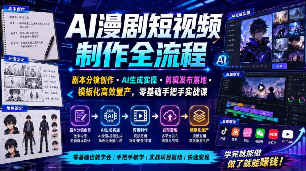 AI漫剧短视频制作全流程｜剧本分镜创作・AI生成实操・剪辑发布落地・模板化高效量产，零基础手把手实战课