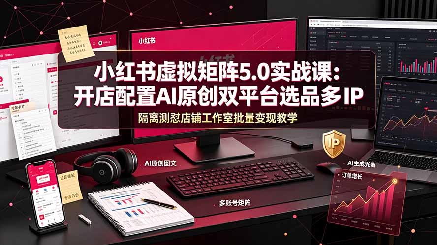 小红书虚拟矩阵5.0实战课：开店配置｜AI原创｜双平台选品｜多IP隔离｜测怼店铺工作室批量变现实操教学