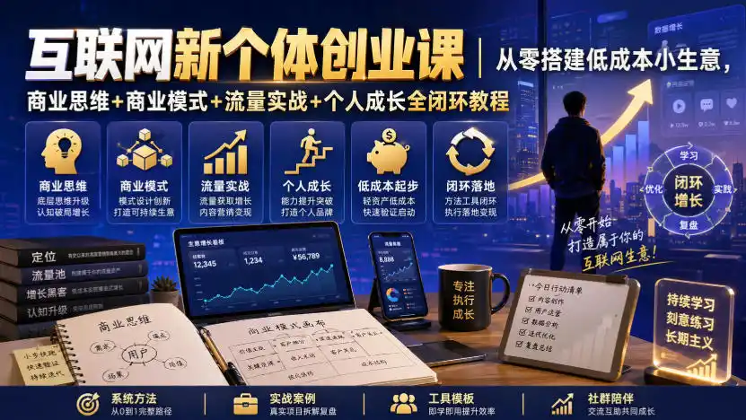 互联网新个体创业课|从零搭建低成本小生意,商业思维+商业模式+流量实战+个人成长全闭环教程