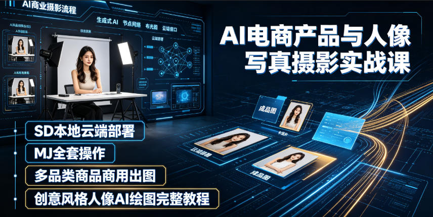 AI电商产品与人像写真摄影实战课｜SD本地云端部署、MJ全套操作、多品类商品商用出图、创意风格人像AI绘图完整教程