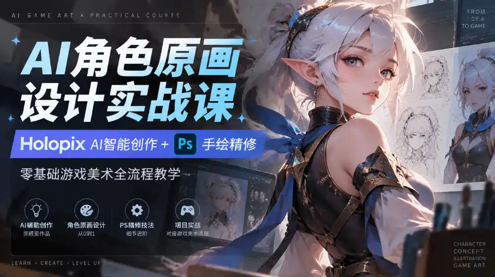 AI角色原画设计实战课|Holopix AI智能创作+PS手绘精修,零基础游戏美术全流程教学