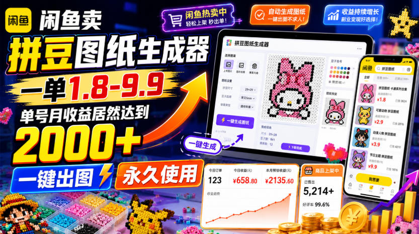 闲鱼卖拼豆图纸生成器,一单1.8-9.9,单号月收益居然达到2000+一键出图永久使用
