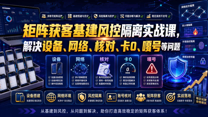 矩阵获客基建风控隔离实战课，解决设备、网络、核对、卡0、嘎号等问题
