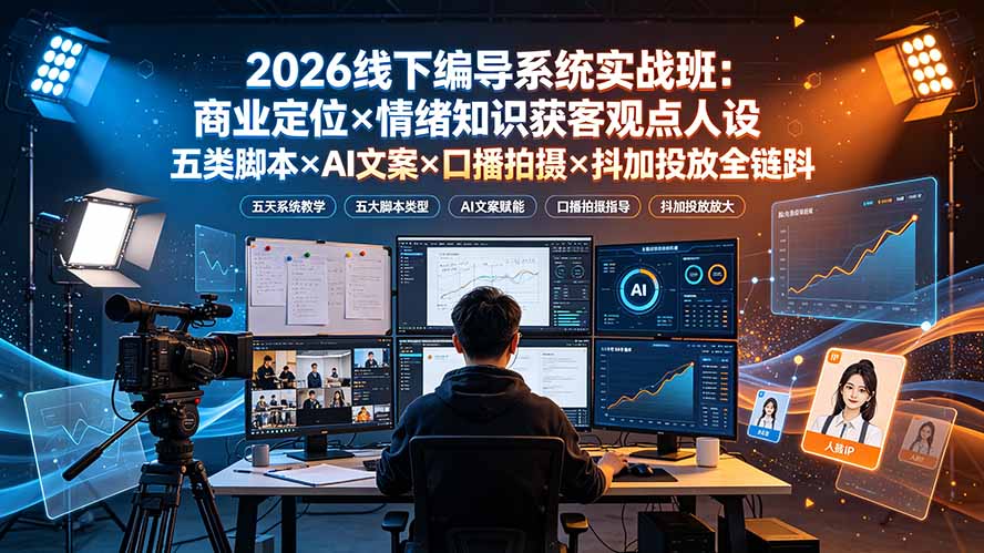 2026线下编导系统实战班：商业定位×情绪知识获客观点人设五类脚本×AI文案×口播拍摄×抖加投放全链路