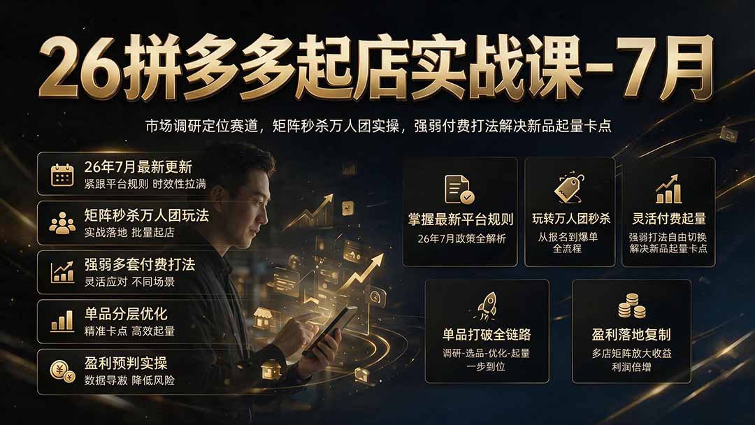 26拼多多起店实战课-7月｜市场调研定位赛道，矩阵秒杀万人团实操，强弱付费打法解决新品起量卡点