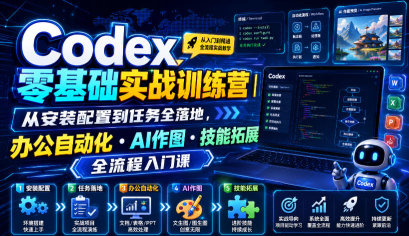 Codex零基础实战训练营｜从安装配置到任务全落地，办公自动化・AI作图・技能拓展全流程入门课