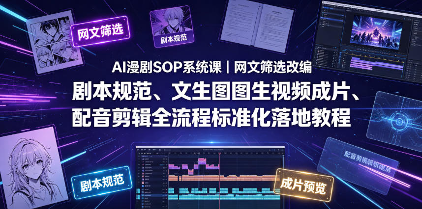 AI漫剧SOP系统课｜网文筛选改编、剧本规范、文生图图生视频成片、配音剪辑全流程标准化落地教程