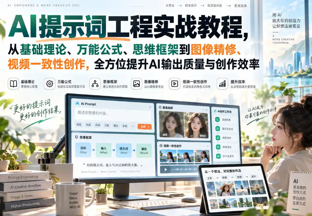 AI提示词工程实战教程，从基础理论、万能公式、思维框架到图像精修、视频一致性创作，全方位提升AI输出质量与创作效率