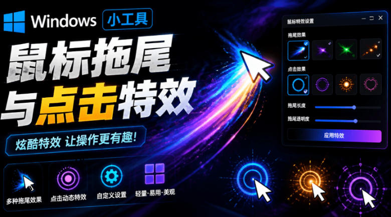 Windows特效小工具!一键给你的鼠标添加拖尾与点击动态特效,吾爱出品,免费使用Mouse Trail