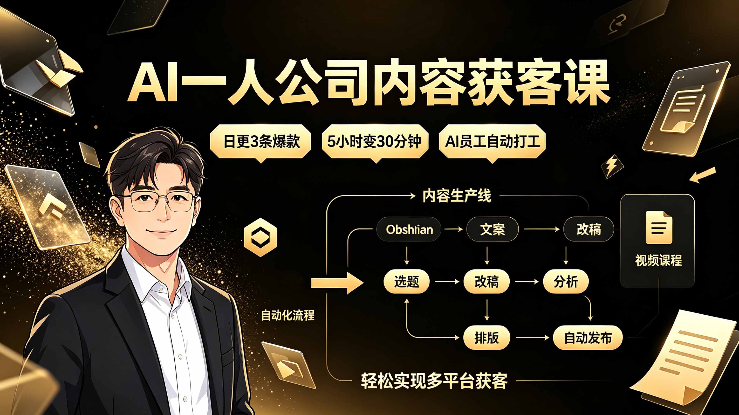 AI一人公司内容获客课：日更3条爆款×5小时变30分钟×AI员工自动打工，轻松实现多平台获客