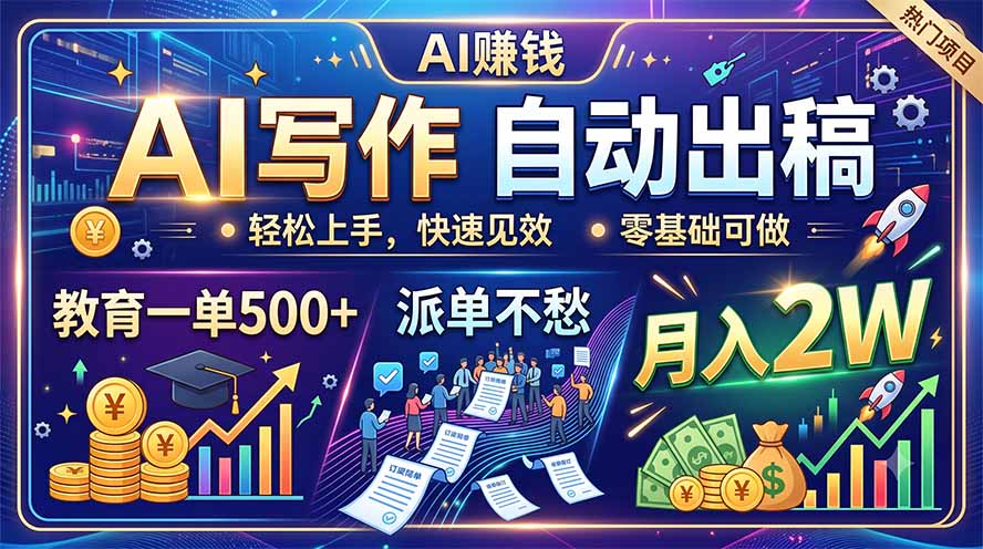 AI写作自动出稿，教育一单500+，派单不愁，月入2W