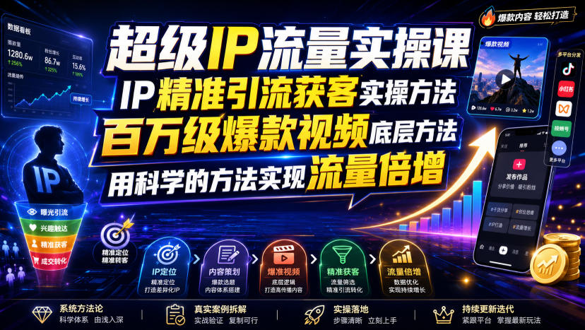 超级IP流量实操课，IP精准引流获客实操方法，百万级爆款视频底层方法，用科学的方法实现流量倍增