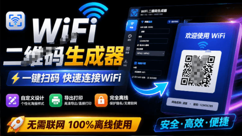 完全离线使用!WiFi二维码生成器,一键扫码快速连接WiFi,支持自定义风格导出WiFi二维码生成器