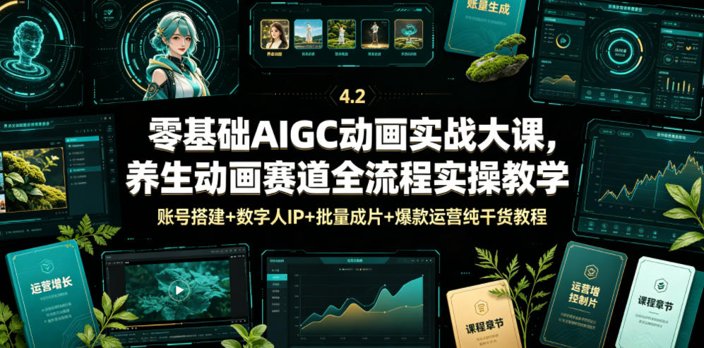 零基础AIGC动画实战大课，养生动画赛道全流程实操教学，账号搭建+数字人IP+批量成片+爆款运营纯干货教程