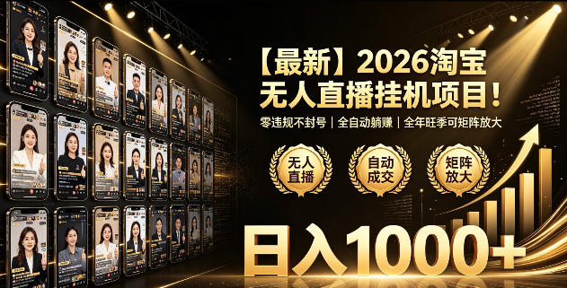 2026淘宝无人直播挂播项目！零违规不封号，全自动躺賺，全年旺季可矩阵放大，日入1000+【揭秘】