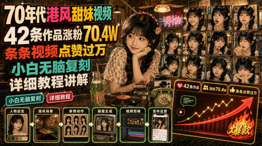 70年代港风甜妹视频，42条作品涨粉70.4W，条条视频点赞过万，小白无脑复刻，详细教程讲解
