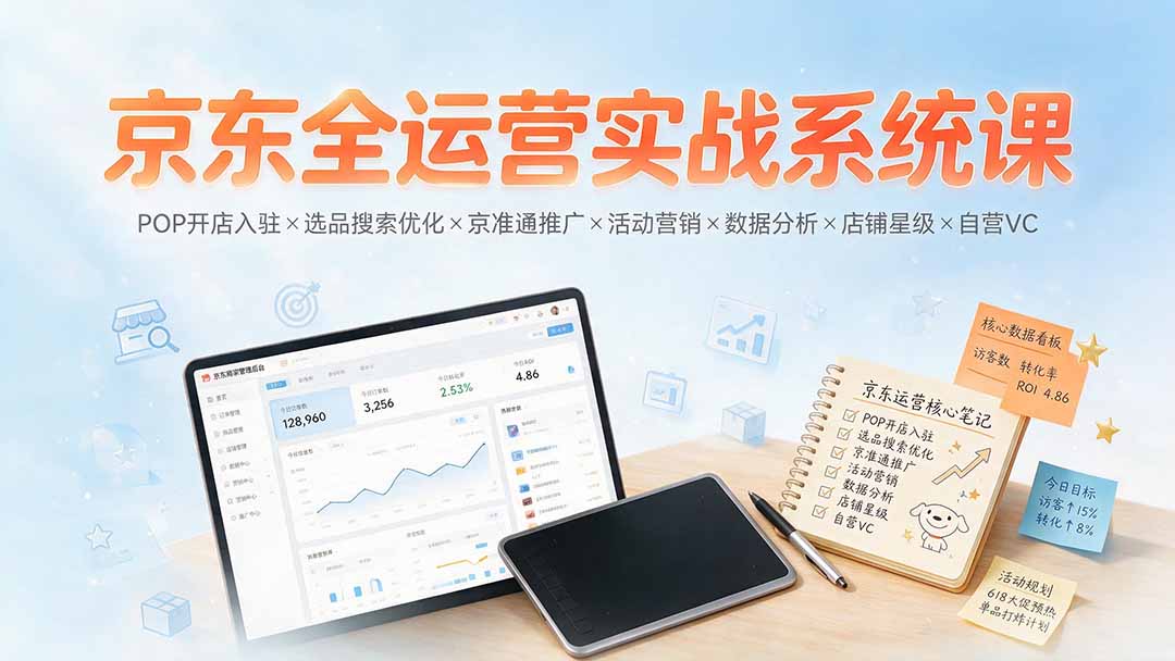 京东全运营实战系统课：POP开店入驻×选品搜索优化×京准通推广×活动营销×数据分析×店铺星级×自营VC