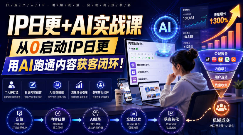 IP日更+AI实战课，从0启动IP日更，IP置顶视频制作+100条选题库搭建+10条日更规划，用AI跑通内容获客闭环!