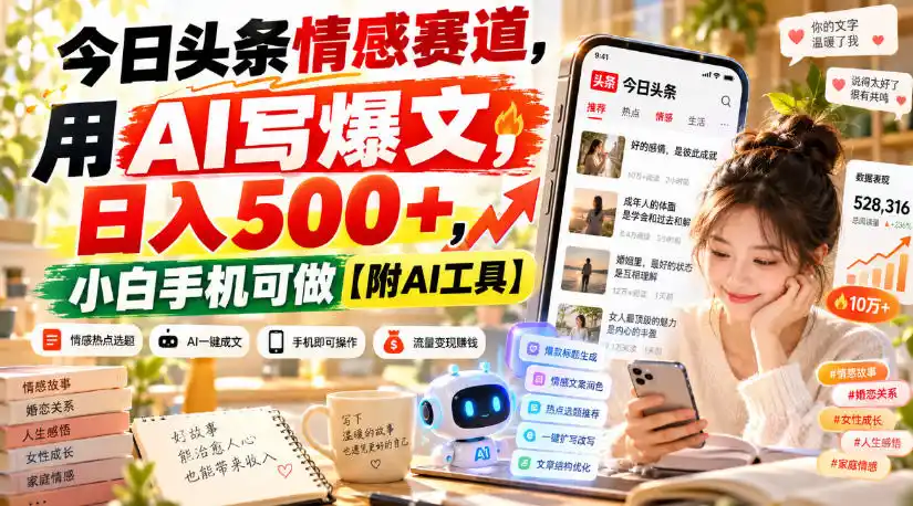今日头条情感赛道，用AI写爆文，日入500+，小白手机可做【附AI工具】