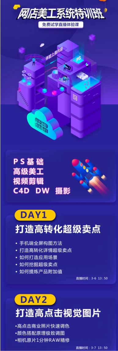 网店美工系统精英班-7月：PS基础×主图设计×海报实战×详情页×首页装修×产品修图×视频剪辑×人像精修。
