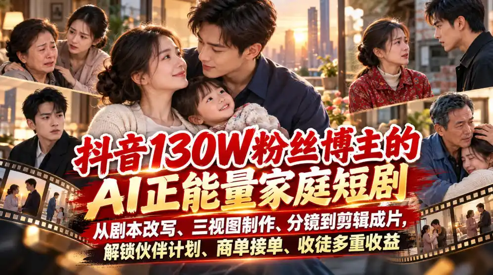 抖音130W粉丝博主的AI正能量家庭短剧，从剧本改写、三视图制作、分镜到剪辑成片，解锁伙伴计划、商单接单、收徒多重收益（更新1007）