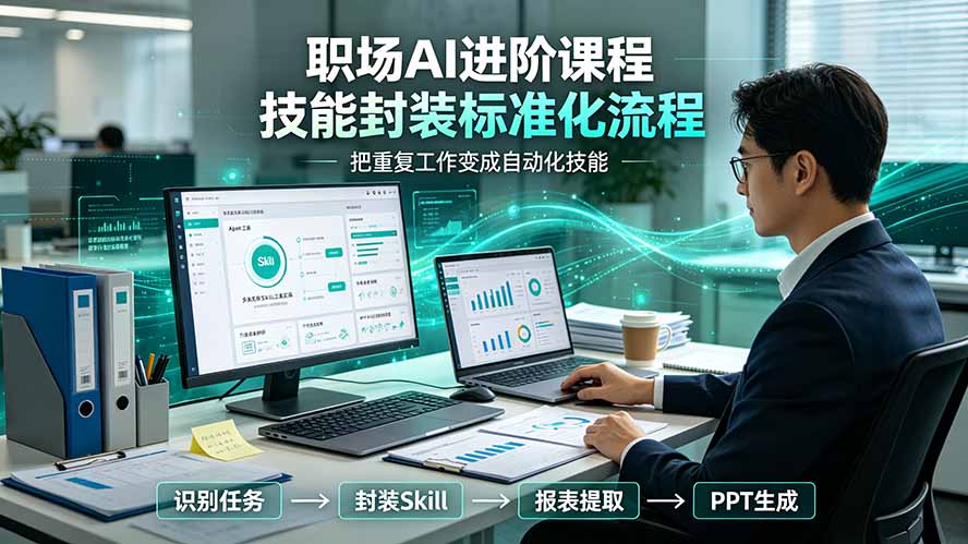 职场AI进阶课程；多类实用Skill工具实操，专属技能封装标准化流程，报表行业报告一键提取核心内容