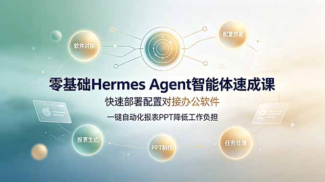 零基础Hermes Agent智能体速成课，快速部署配置对接办公软件；一键自动化报表PPT降低工作负担