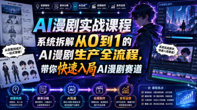 AI漫剧实战课程，系统拆解从0到1的AI漫剧生产全流程，带你快速入局AI漫剧赛道