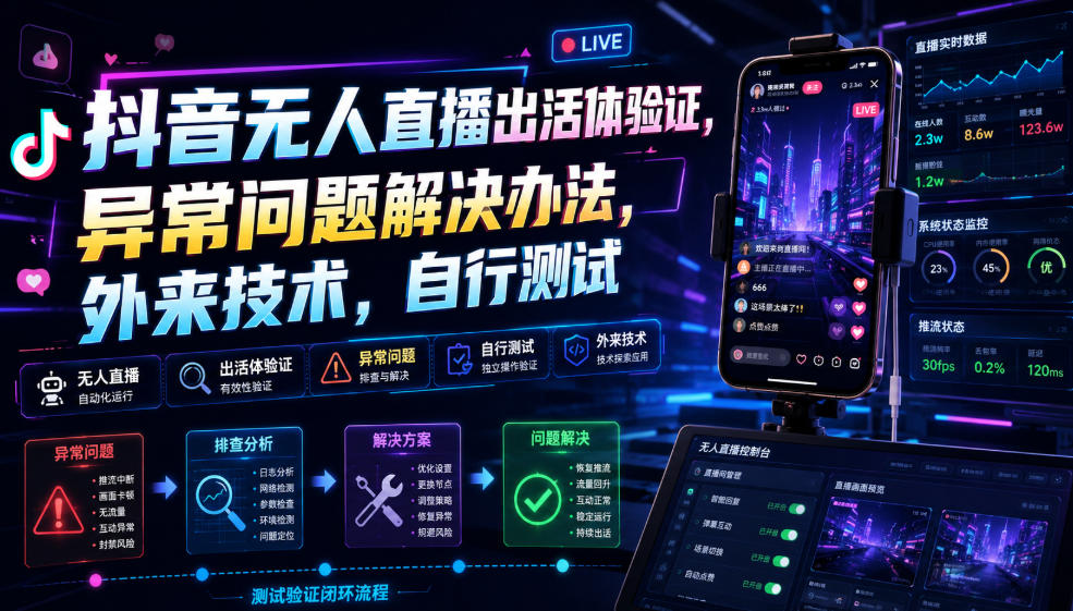 抖音无人直播出活体验证，异常问题解决办法，外来技术，自行测试