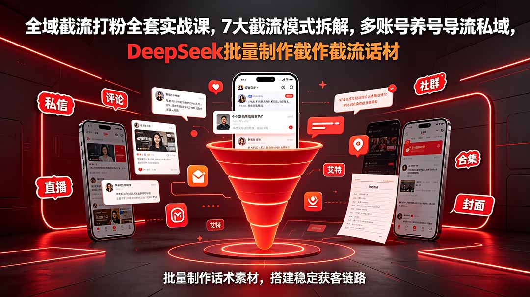 全域截流打粉全套实战课，7大截流模式拆解，多账号养号导流私域，DeepSeek批量制作截流话术素材