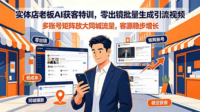 实体店老板AI获客特训，零出镜批量生成引流视频，多账号矩阵放大同城流量，客源稳步增长