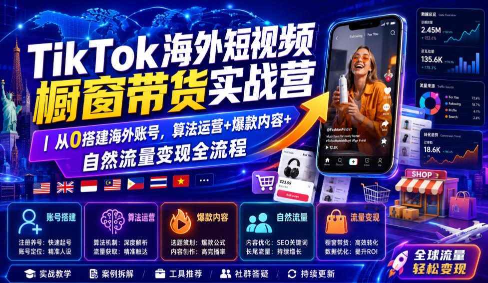 TikTok海外短视频橱窗带货实战营｜从0搭建海外账号，算法运营+爆款内容+自然流量变现全流程