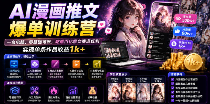 AI漫画推文爆单训练营，一台电脑，零基础可做，吃透百亿推文赛道红利，实现单条作品收益1k+