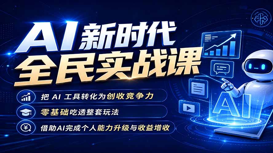 AI新时代全民实战课，把 AI 工具转化为创收竞争力，零基础吃透整套玩法，借助AI完成个人能力升级与收益增收。