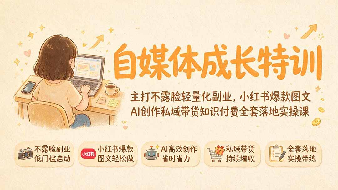 自媒体成长特训｜主打不露脸轻量化副业，小红书爆款图文AI创作私域带货知识付费全套落地实操课