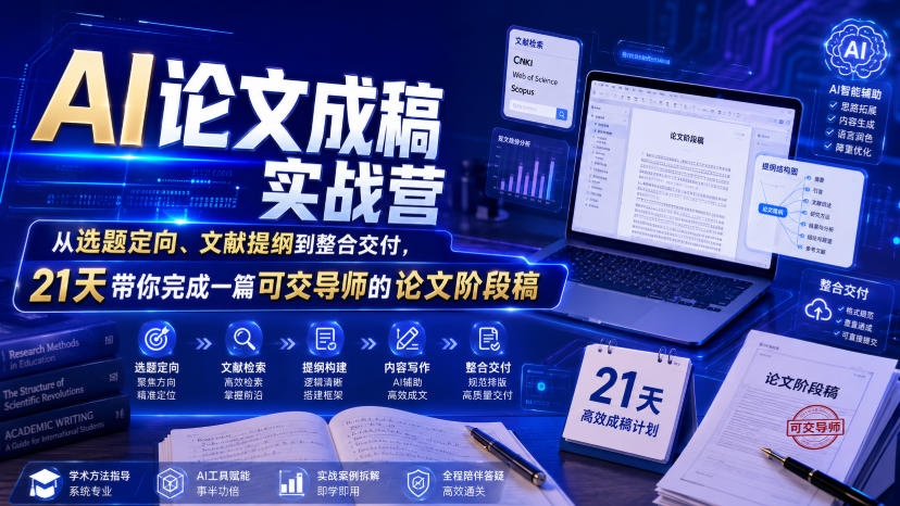 AI论文成稿实战营，从选题定向、文献提纲到整合交付，21天带你完成一篇可交导师的论文阶段稿