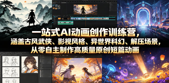 一站式AI动画创作训练营，涵盖古风武侠、影视风格、异世界科幻、解压场景，从零自主制作高质量原创短篇动画