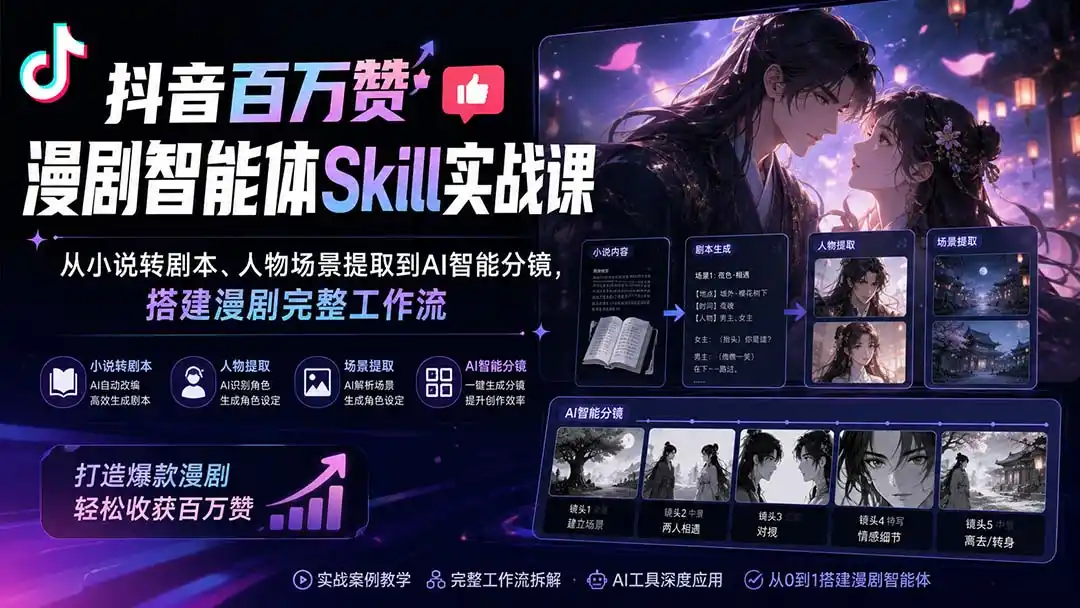 抖音百万赞漫剧智能体Skill实战课：从小说转剧本、人物场景提取到AI智能分镜，搭建漫剧完整工作流