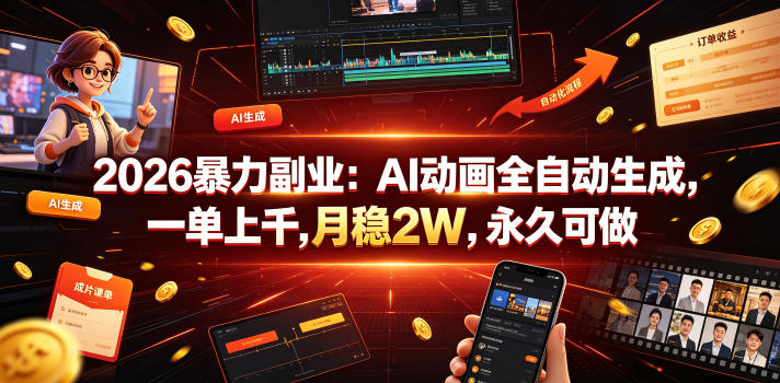 2026暴力副业:AI动画全自动生成,一单上千,月稳2W,永久可做【揭秘】