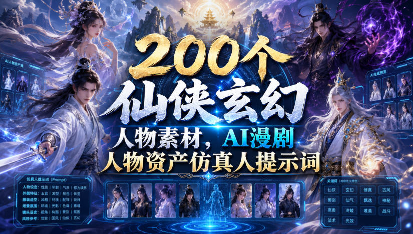 200个仙侠玄幻人物素材,AI漫剧人物资产仿真人提示词