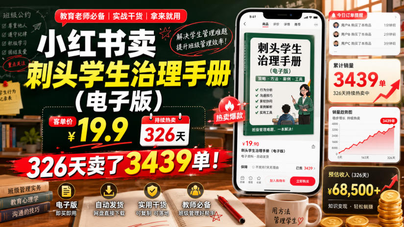小红书卖刺头学生治理手册(电子版)，客单价19.9，326天卖了3439单！
