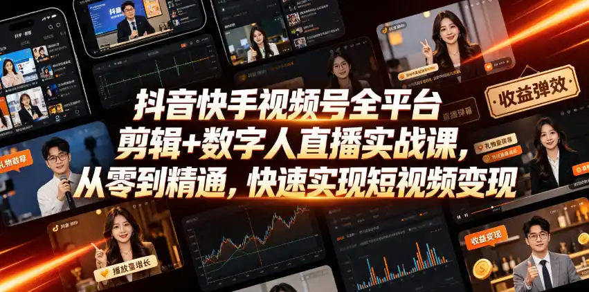 抖音快手视频号全平台剪辑+数字人直播实战课，从零到精通，快速实现短视频变现(更新2026年10月)