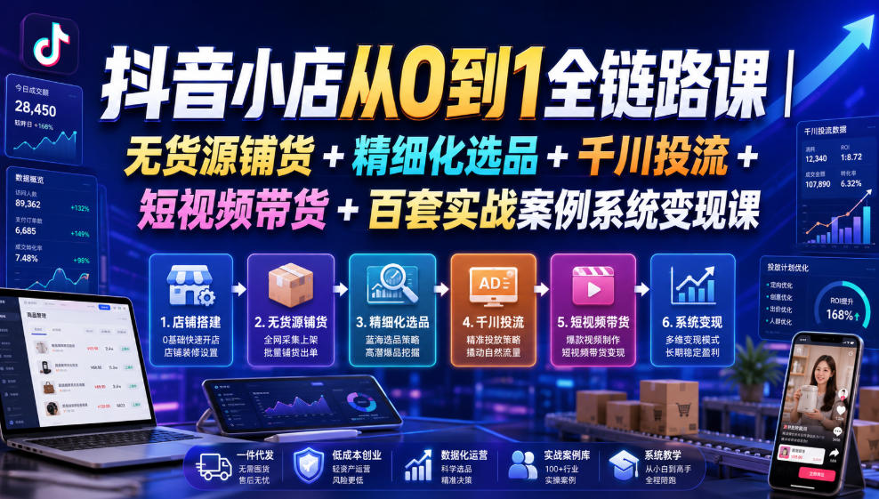 抖音小店从0到1全链路课｜无货源铺货+精细化选品+千川投流+短视频带货+百套实战案例系统变现课(2026年7月更新)