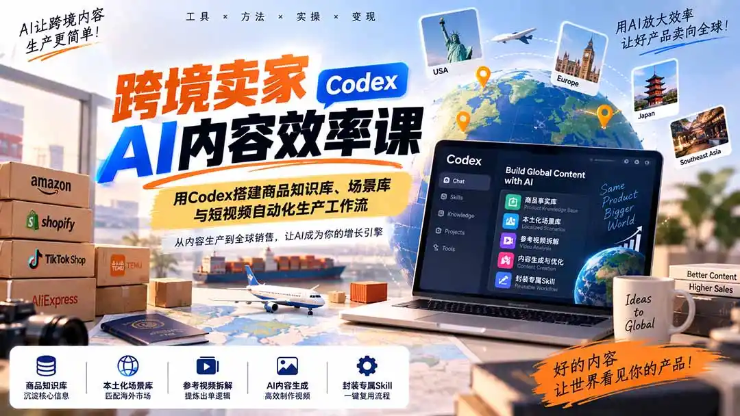 跨境卖家AI内容效率课：用Codex搭建商品知识库、场景库与短视频自动化生产工作流