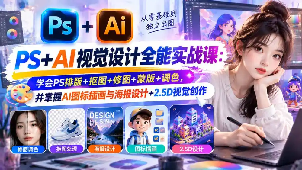 【无水印】PS+AI视觉设计全能实战课：学会PS排版+抠图+修图+蒙版+调色，并掌握AI图标插画与海报设计+2.5D视觉创作