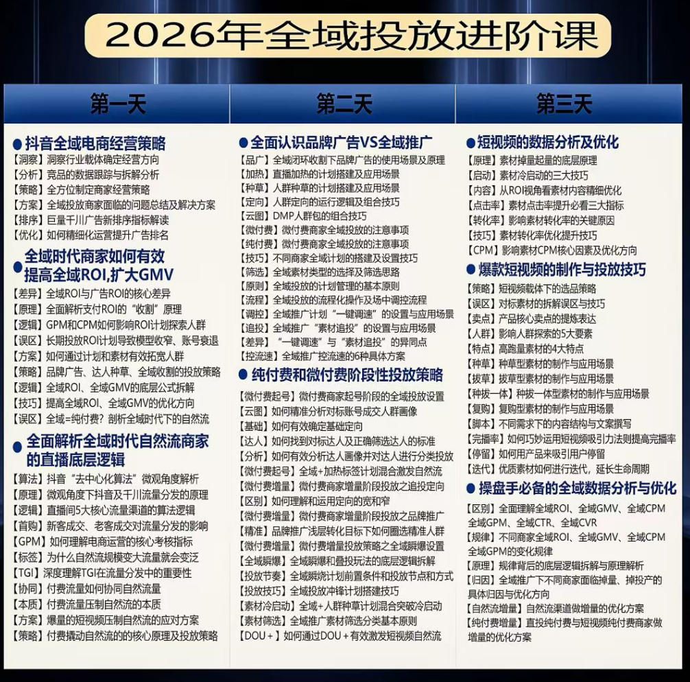 千川扫地僧2026抖音全域投放进阶课,少走弯路·快速起量·掌控增长,6月12-14号杭州线下课(更新)