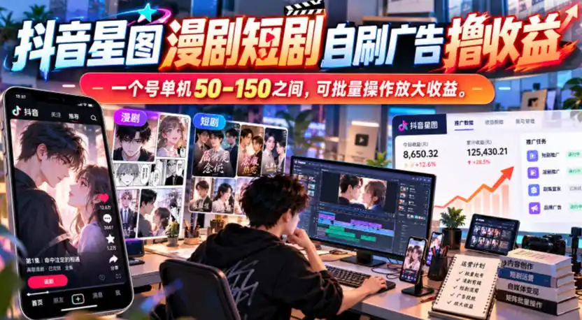 抖音星图漫剧短剧自刷广告撸收益,一个号单机50-150之间,可批量操作放大收益
