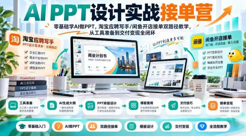 AI PPT设计实战接单营｜零基础学AI做PPT，淘宝应聘写手/闲鱼开店接单双路径教学，从工具准备到交付变现全闭环